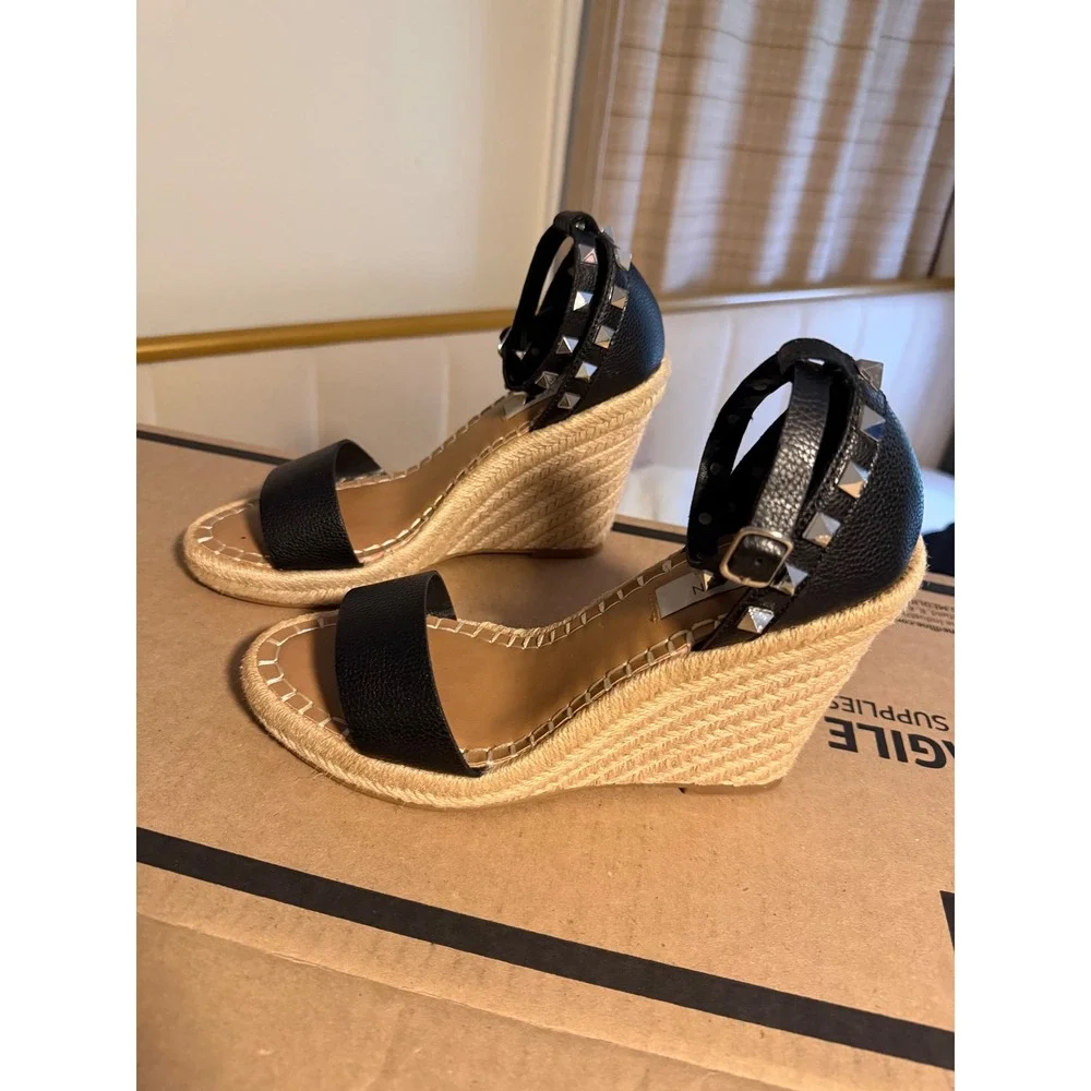 Steven New York Black Studded Espadrille Wedge Sandals Size 7 Ankle Strap Jute